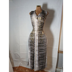 Seven Islands Black White Gold Striped Maxi Sleeveless V-Neck Drawstring Dress